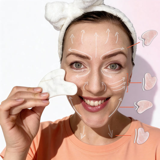 Kobieta wykonująca ujędrniający masaż twarzy kamieniem Gua Sha, używając naturalny olejek do masażu twarzy Eliksir Maroka.