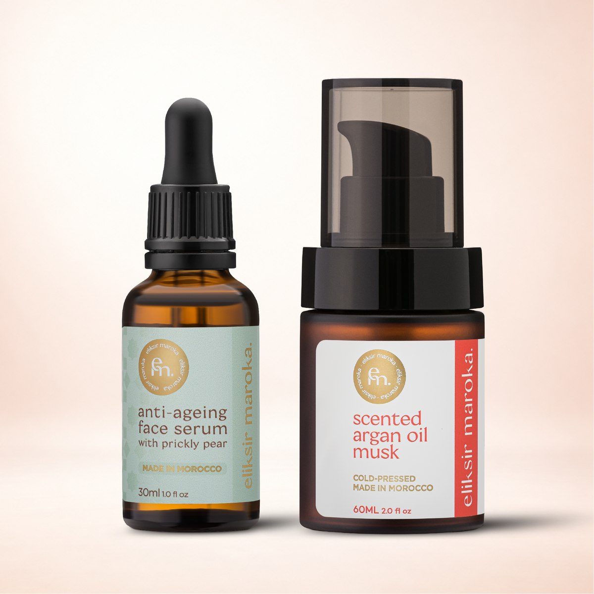 Two amber glass bottles: 30ml anti-ageing face serum with prickly pear and 60ml scented argan oil musk by eliksir maroka.