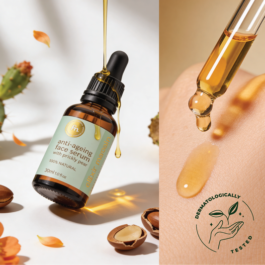 100% naturalne przeciwzmarszczkowe serum do twarzy z opuncją figową EliksirMaroka w buteleczce z ciemnego szkła, kropla złocistego olejku na skórze oraz znak testowano dermatologicznie.